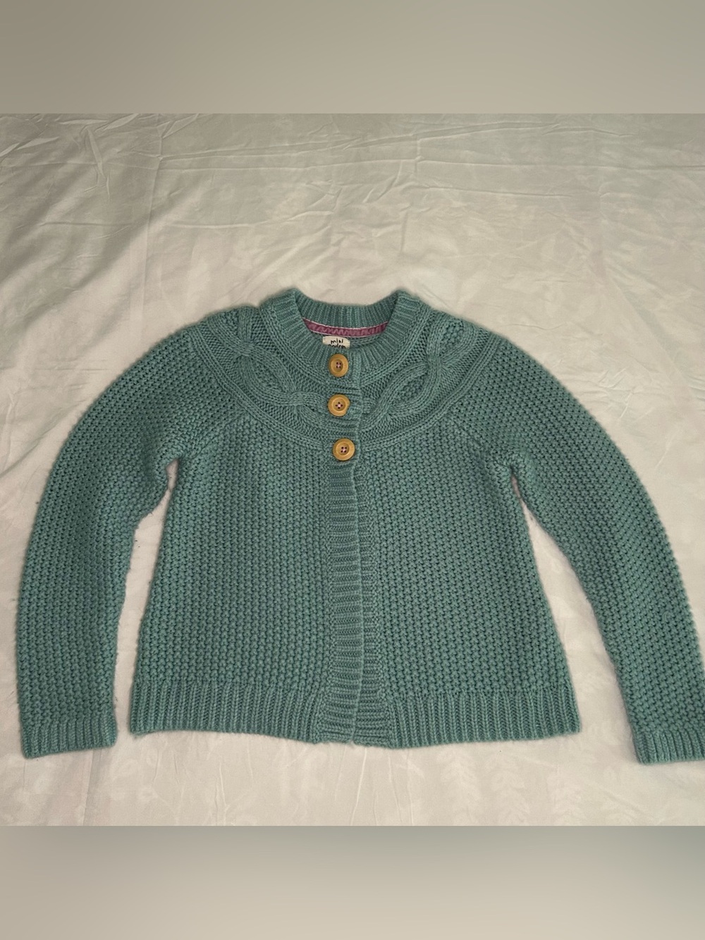 Mini Boden Cardigan Sweater Girls 7-8 Blue-Green Cable Knit Chunky 3 Button